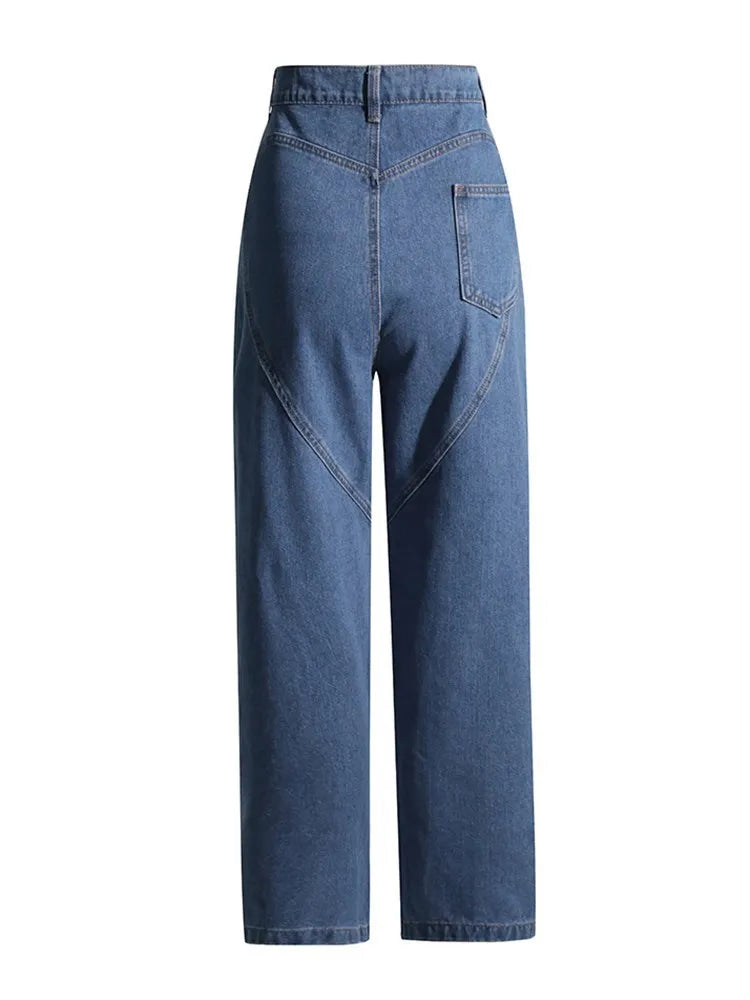 BPN Casual Spliced Diamond Jeans For Women High Waist Hollow Out Solid Loose Wide Leg Denim Pants Female spring Clothing Style