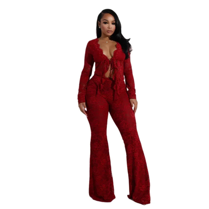 CM.YAYA 2025 Women's Set Long Sleeve Lace See Through Shirt + Long Pants Street Evening Sexy Two 2Piece Sets Outfits Tracksuit Red