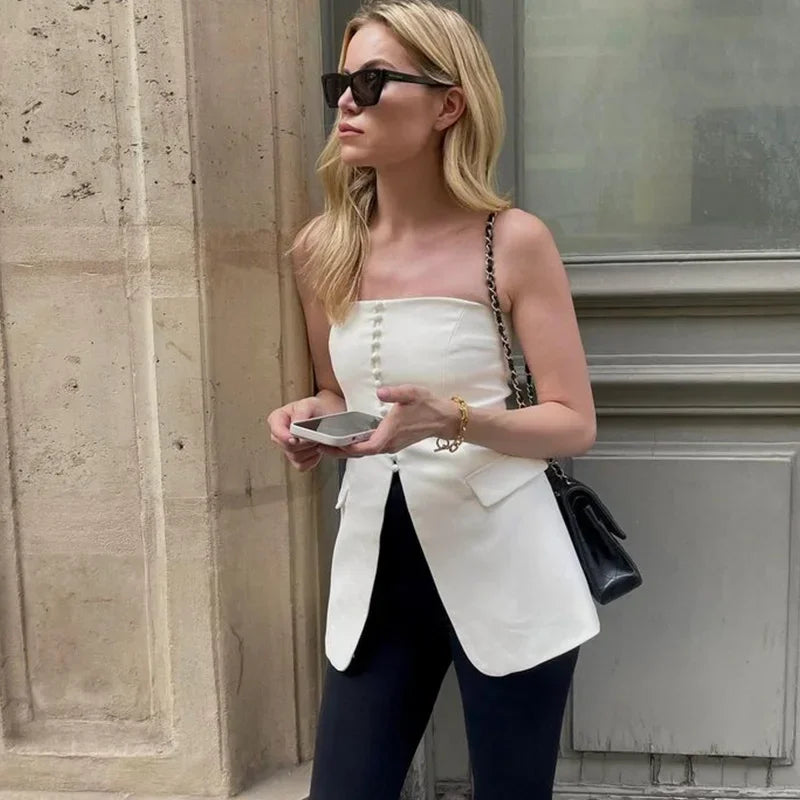 Women Strapless Split Tube Tops Sexy Corset Slim Backless Sleeveless Off Shoulder Single Breasted Vest Female Lady Top Beige