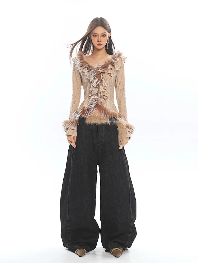 Solid Fashion Spliced Fur Sweater for Women V Neck Long Sleeve Patchwork Ruffles Fold Pullovers Female Clothing New