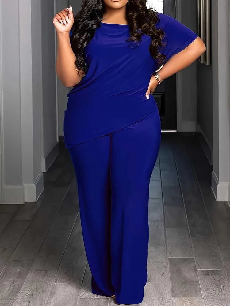 Plus Size Woman Clothing Summer Suit with Pants Casual Loose 2 Piece Sets Trousers and Top Solid Color Wholesale Dropshipping