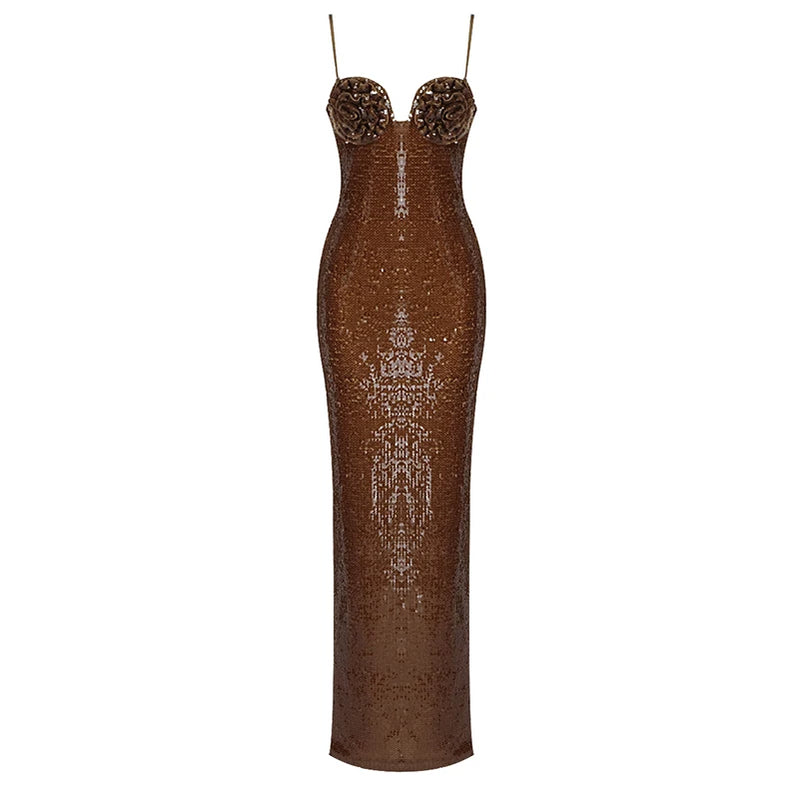 Gold Sequines Shinning Women Strap Sexy Bodycon Long Dress Celebrate Birthday Party Dress 2022 Designer Nightclub Dress