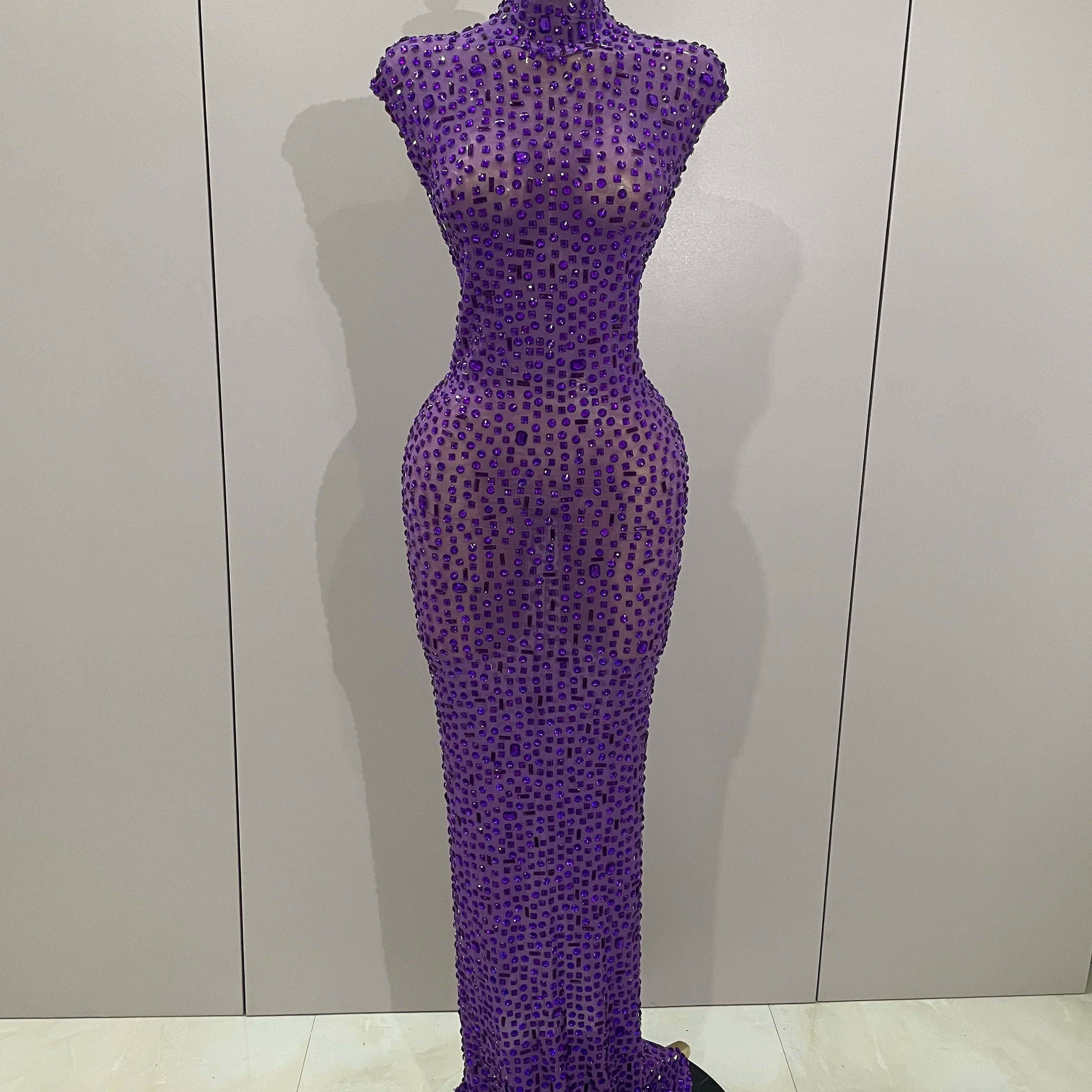 Sexy Sparkly Crystal Diamonds Mesh See Through Long Dress 2025 New Women Elegant Party Costume Singer Stage Performance Outfit