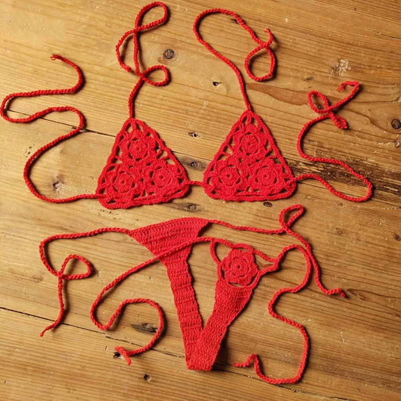 Women Sexy Handmade Bikini Sets Crochet Flower Solid Color Lace Thong String Swimwear Sunbathing Swimsuit Beach Wear Lace-up Red one size