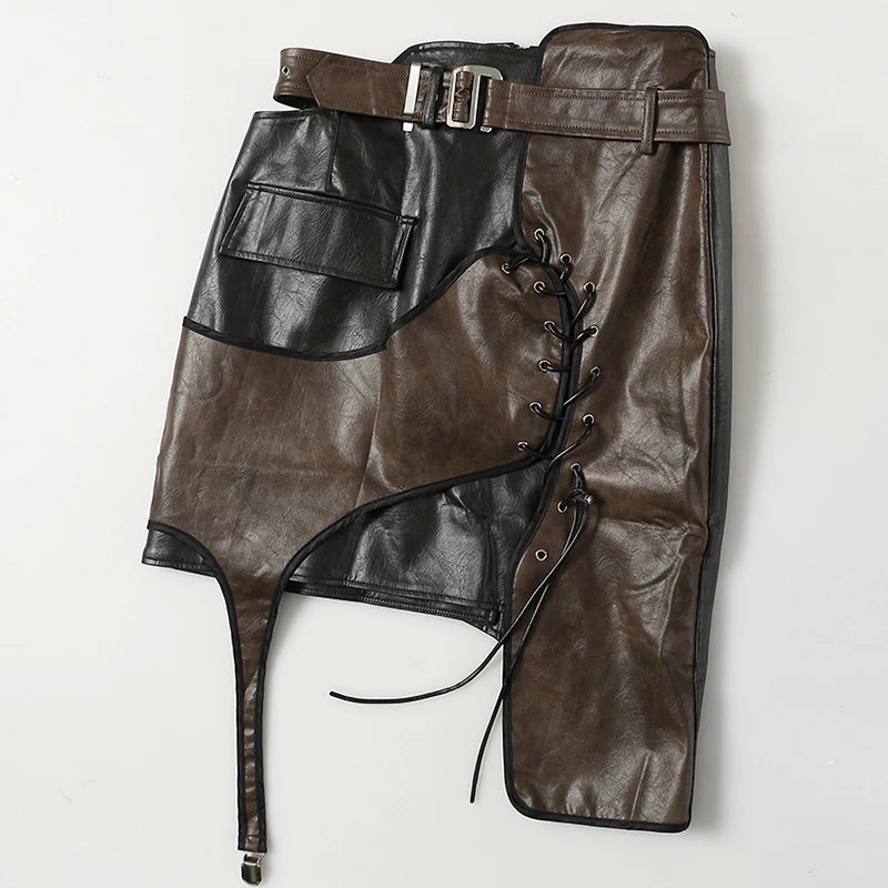 Women Retro High Waist Leather Skirt Asymmetrical Lace Up Bandage Colorblock Belt Designer Mini Skirt