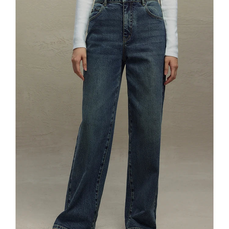 Retro High Waist Straight Jeans for Women Casual Style Wide-leg Pants Winter Floor Mopping Jeans for Female