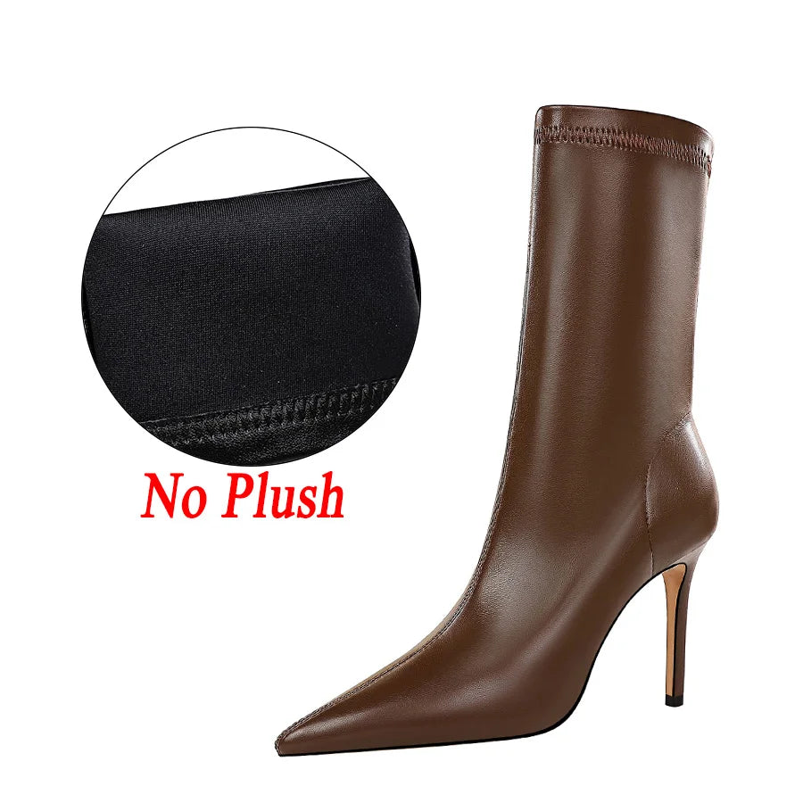 Women Leather 7.5cm 9.5cm High Heels Boots Lady Brown Spring Winter Warm Pointed Toe Boots Fetish Booties Nightclub Party Shoes 9.5cm Brown