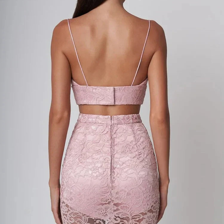 New Women Sexy V Neck Lace Feather Midi Skirt Bandage Set Celebrity Elegant Evening Club Cocktail Party Outfits