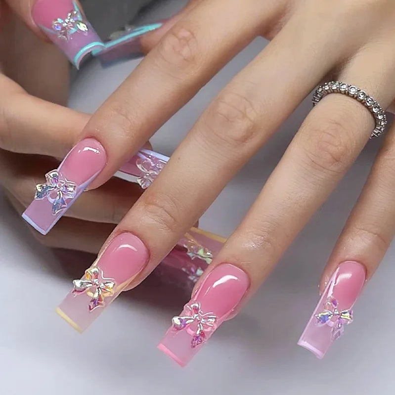 24Pcs French Tip Press on Nails Long Glitter Rhinestone False Nails Wearable Y2k 3D Bow Tie Designs Fake Nails with Jelly Glue
