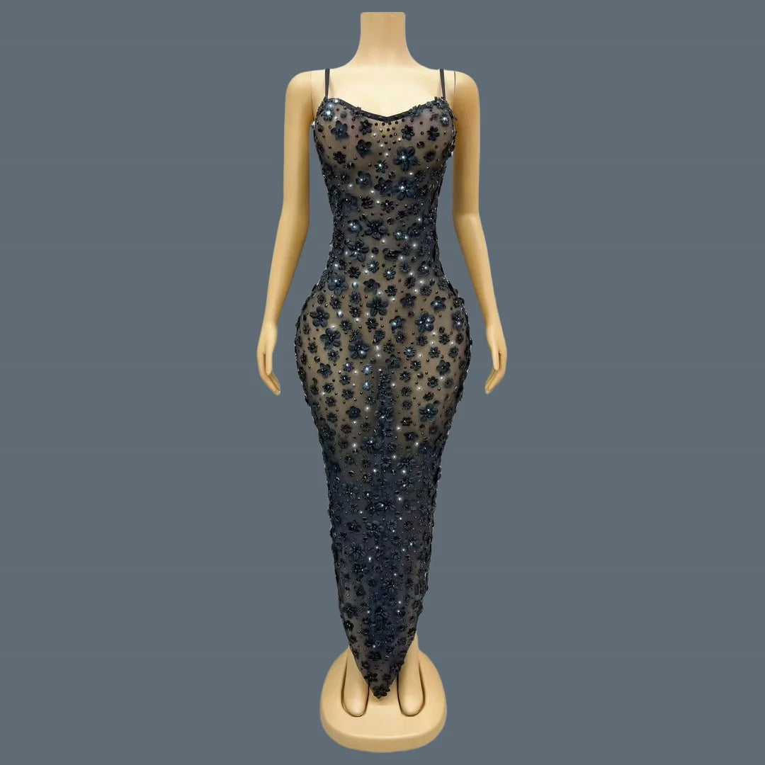 Shine Rhinestone Black Evening Dress Sheer Mesh Tight Fitting Flower Long Dress Elegant Mysterious Party Sexy Women Dress Cunjie