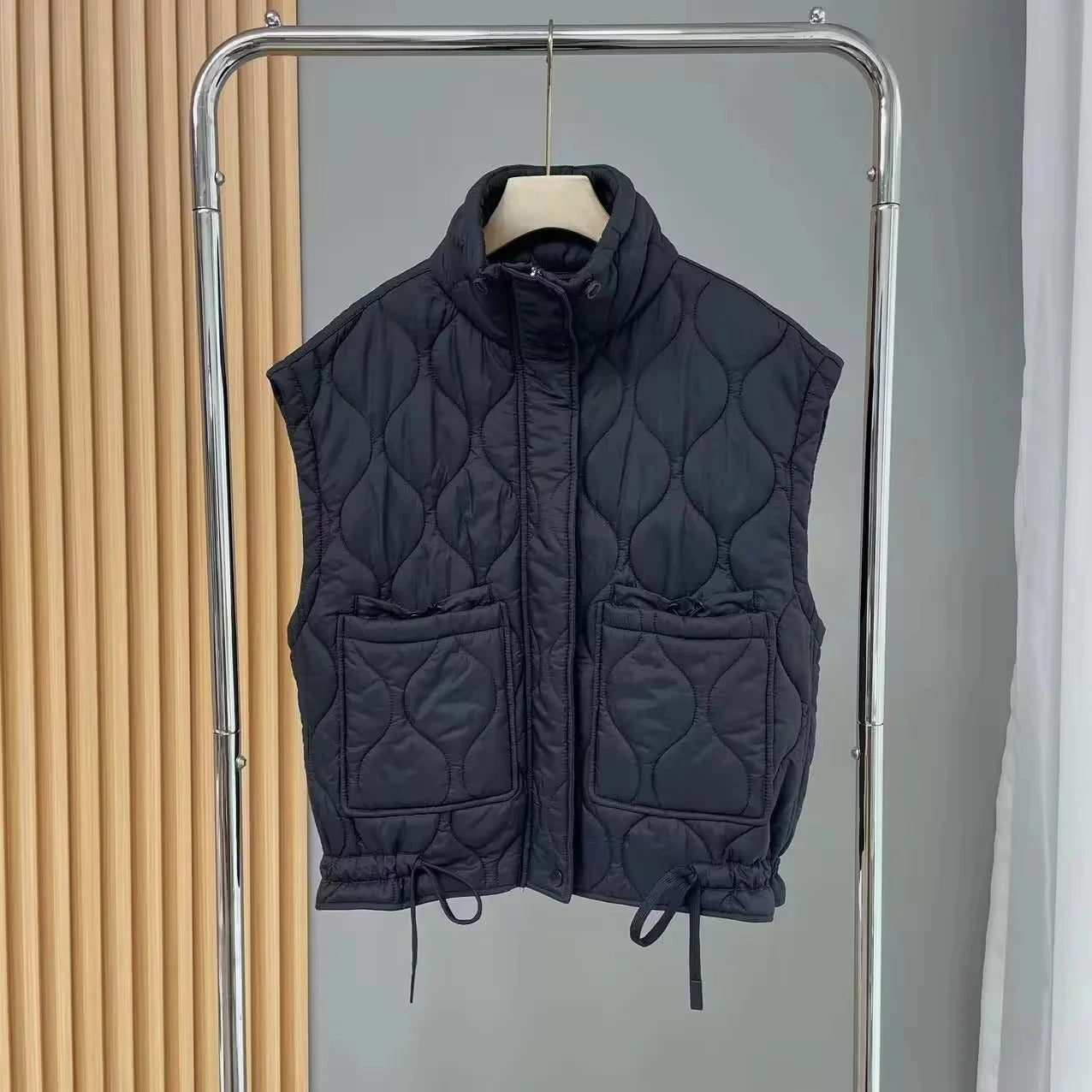 Autumn Winter Women Pocket Parkas Cotton Vest Jacket Zipper Sleeveless Female Padded Waistcoat As Picture 1