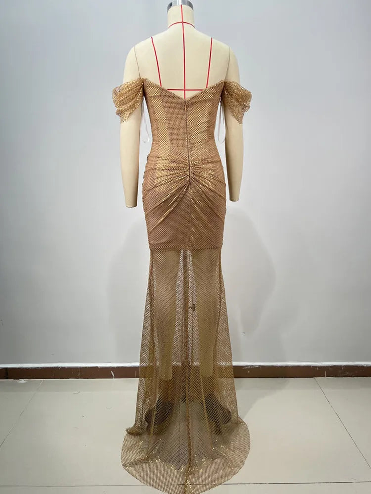 Vestido longo longo feminino celebridade sexy ombro de fora diamantes rede brilhante dourado elegante festa noturna clube
