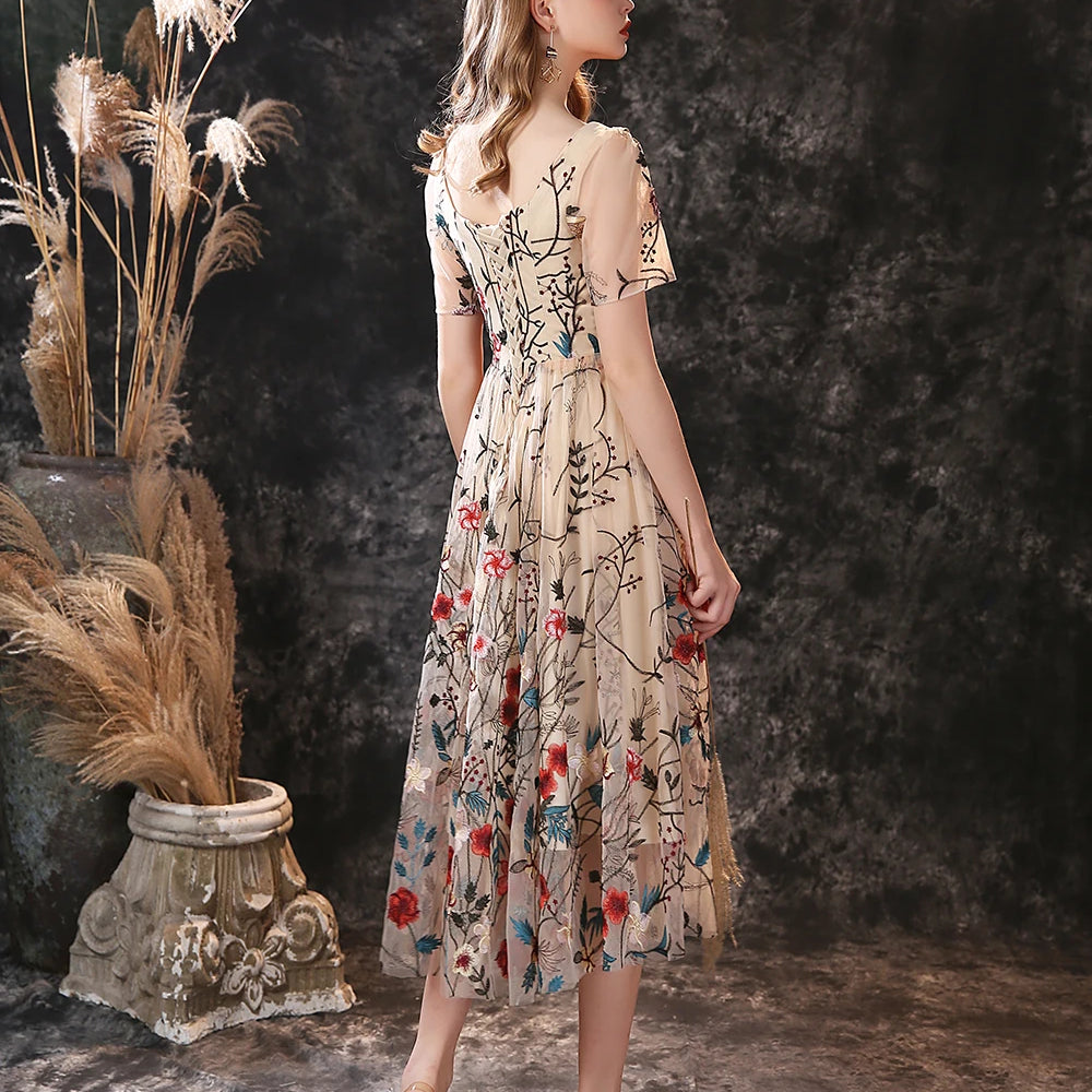 Floral Fancy Tea Length Evening Dresses with Short Sleeves Sexy V Neck Embroidery Flower Prom Gown