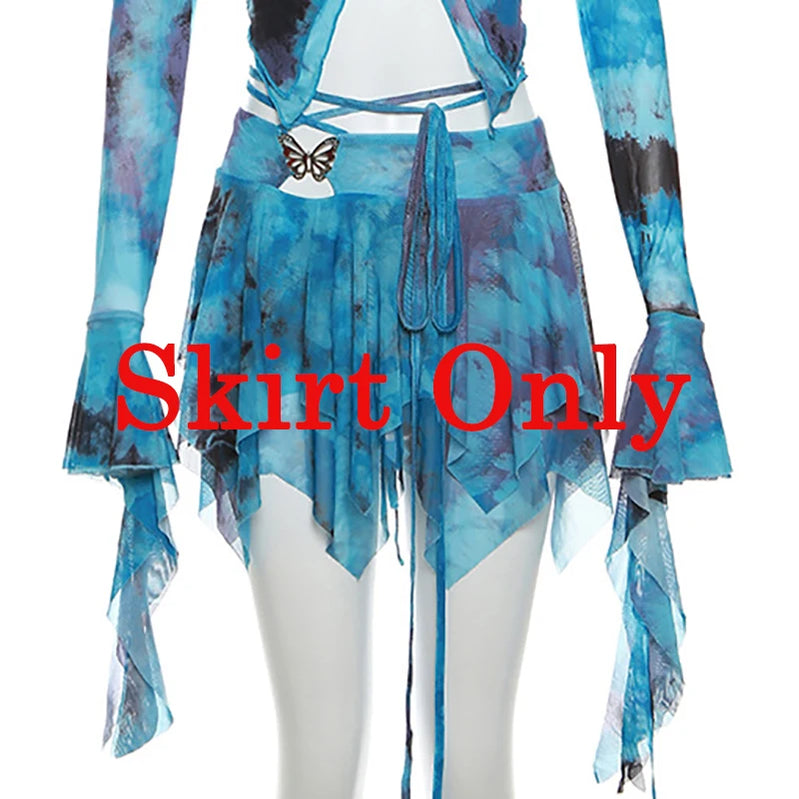 Zenaide Fall Mesh Butterfly Women 3 Piece Set Bandage Cami+Irregular Skirt+Fairy Festival Crop Top Tie Dye Rave Party Outfit Y2K Blue Skirt Only