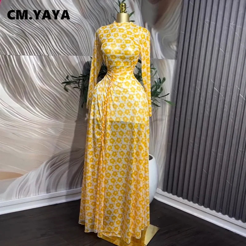 CM.YAYA Summer Floral Printed Women Long Sleeve Elegant Drawstring Ruched Up Maxi Long Dress Night Club Party Dresses Vestidos