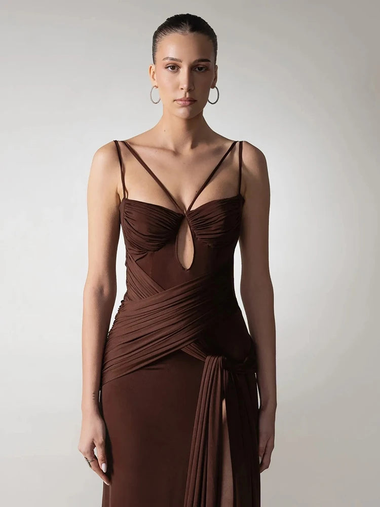 VC Chocolate Brown Strappy Sleeveless Draped Dress with High Slit & Cutout Detail for Formal Dinner Party Gown