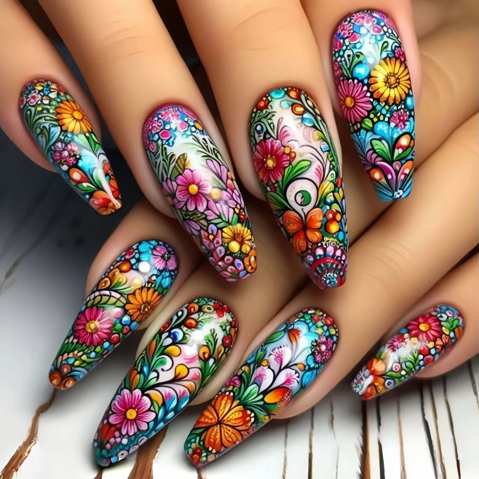 24pcs/set Medium Long fake nails for Spring summer beautiful flowers mushroom bees cute almond square tips press on false nails