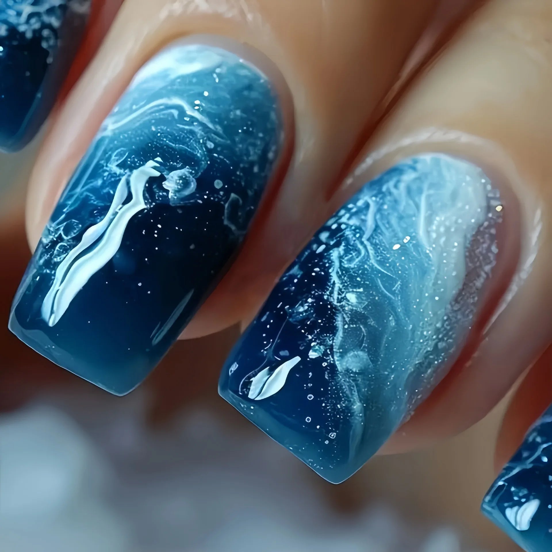 24pcs/set short Medium quare Glossy Ballerina Fake Nails jellyfish blue sea wave flowers geometric design press on false nails