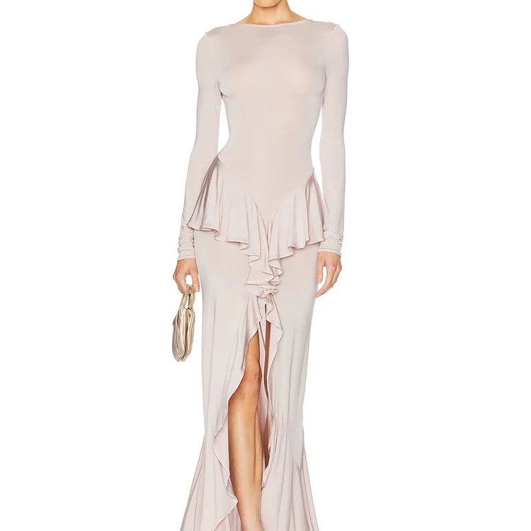 Vestido longo sexy com costas nuas e babados para mulheres, moda, gola redonda, manga comprida, fenda alta, vestido de noite elegante