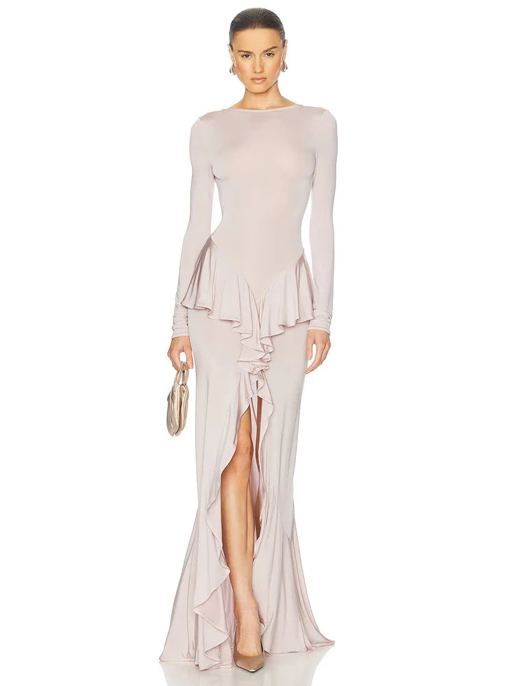 Vestido longo sexy com costas nuas e babados para mulheres, moda, gola redonda, manga comprida, fenda alta, vestido de noite elegante