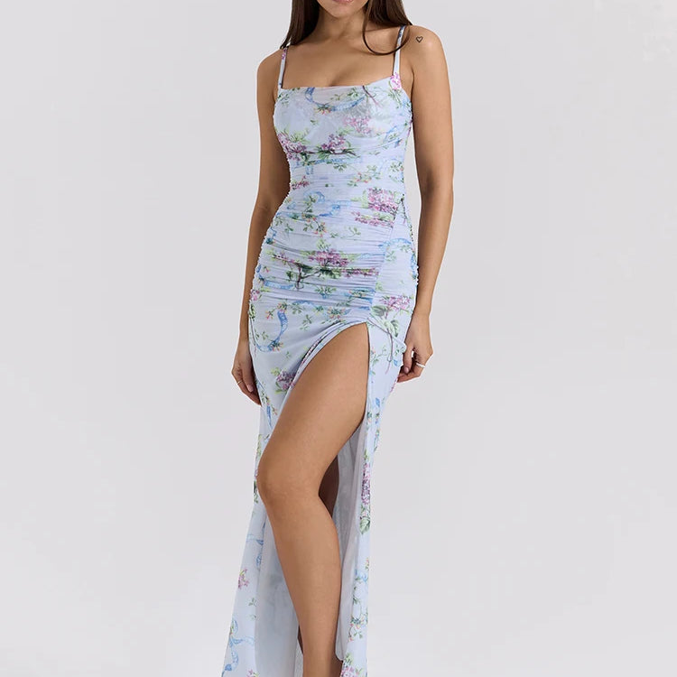 Vestido longo de malha com estampa floral azul para mulheres, com zíper, alças finas, sem mangas, costas nuas, fenda, vestido longo para festa