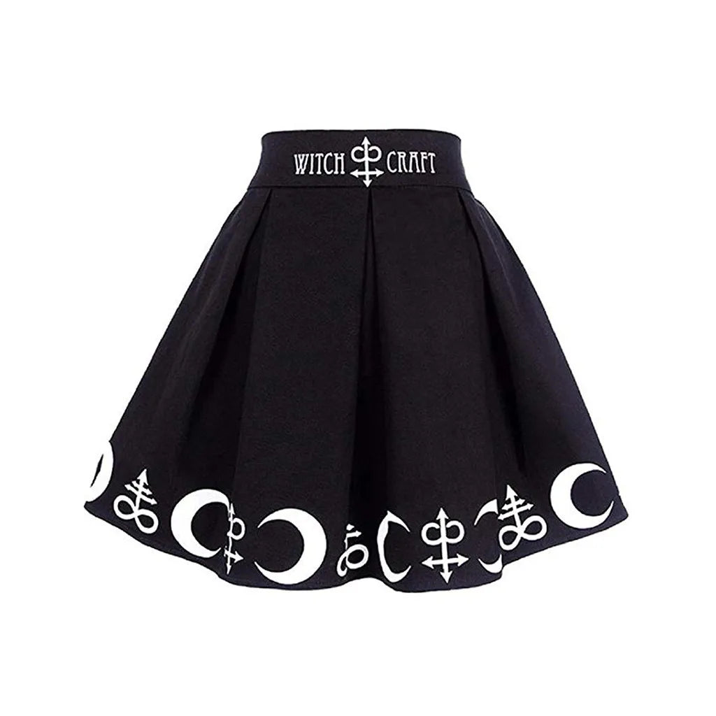 Women Gothic Punk Witchcraft Moon Spell Pleated Mini Skirt Faldas Gothic Kawaii Big Size Mini Short Skirt Korean Fashion
