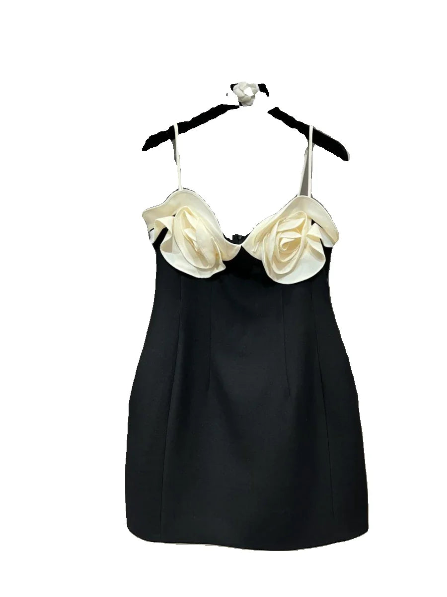 PREPOMP Spring New Arrival Sleeveless Petals Appliques Design Contrast Color Slim Waist Short Dress Women GM986