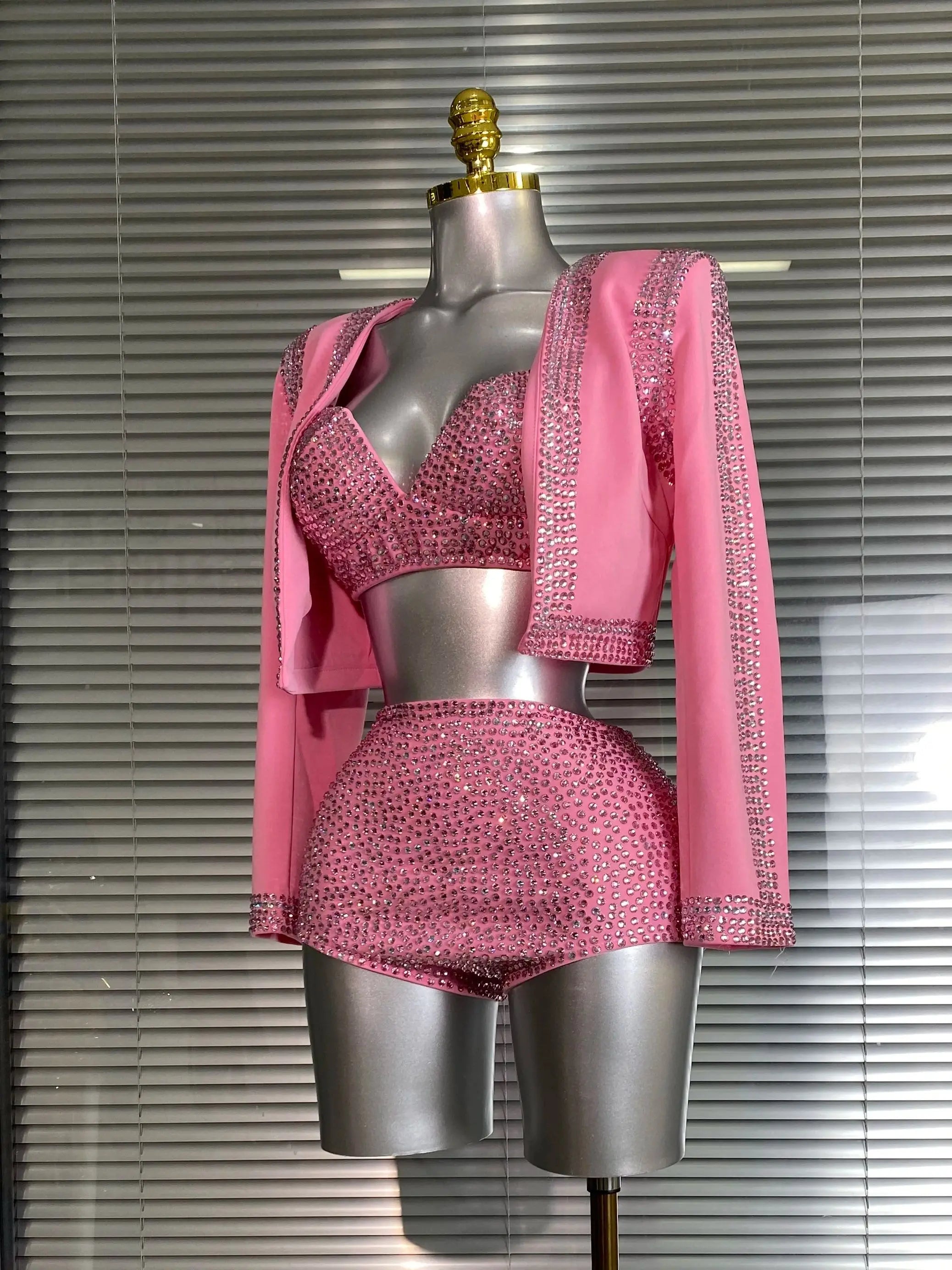 Women Sexy Two Pieces Set Pink Crystal Diamond Night Club Short Pants Suits Coat Singer Dancer Stage Performance Costume