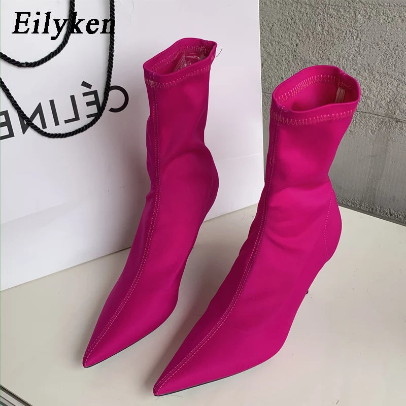Eilyken 2025 Spring Autumn Stretch Fabric Women Ankle Boots Sexy Pointed Toe High Heels Fashion Female Socks Pumps Shoes