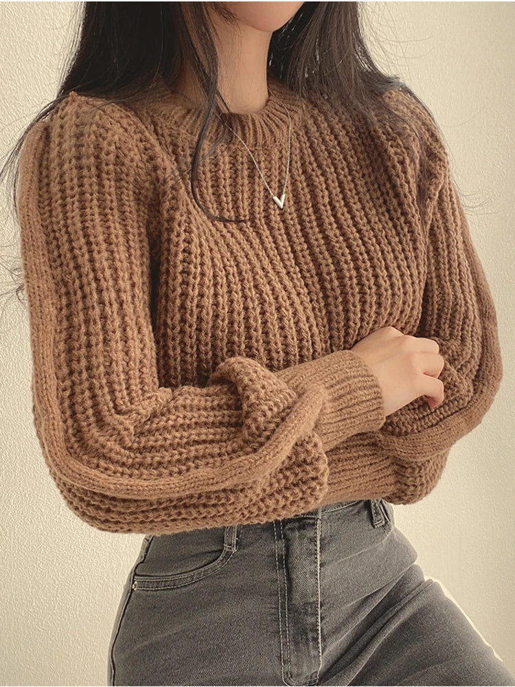 Vintage Harajuku Lantern Long Sleeve Women Sweater Casual Korean Autumn Winter Knitwear Soft Warm Tops Chic Solid Femme Sweater