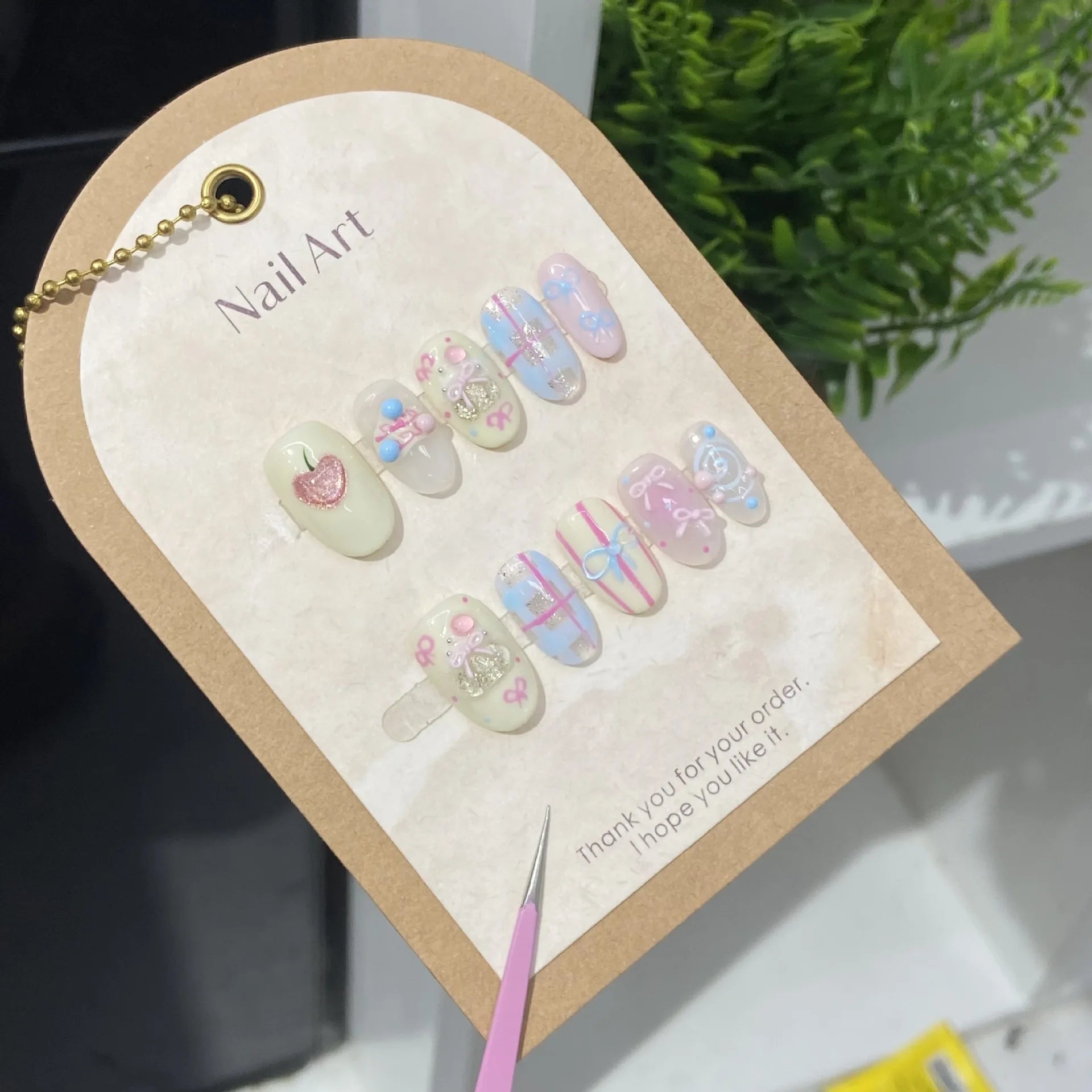 10pcs Handmade Fake Nail Art Short Oval Nails Tips Cute Cherry Bow Design Stick on Nail Detachable  Pink Press on Fake Nails Set