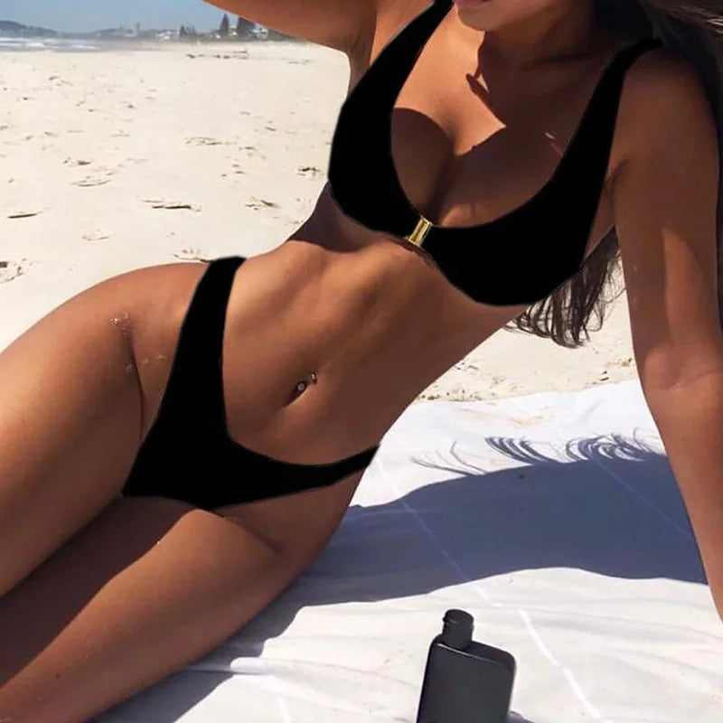 Sexy Solid Gold Lock Buckle Design Bra High Waisted Bikini Set Women'S Split Beach Swimsuit Set 04
