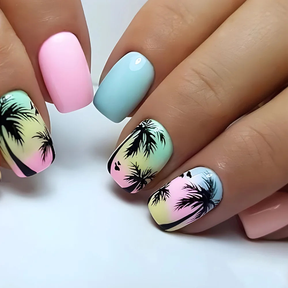 24pcs/set short square fake nails for women girls faux ongles fashion glitter geometric flowers design press on false nail kit