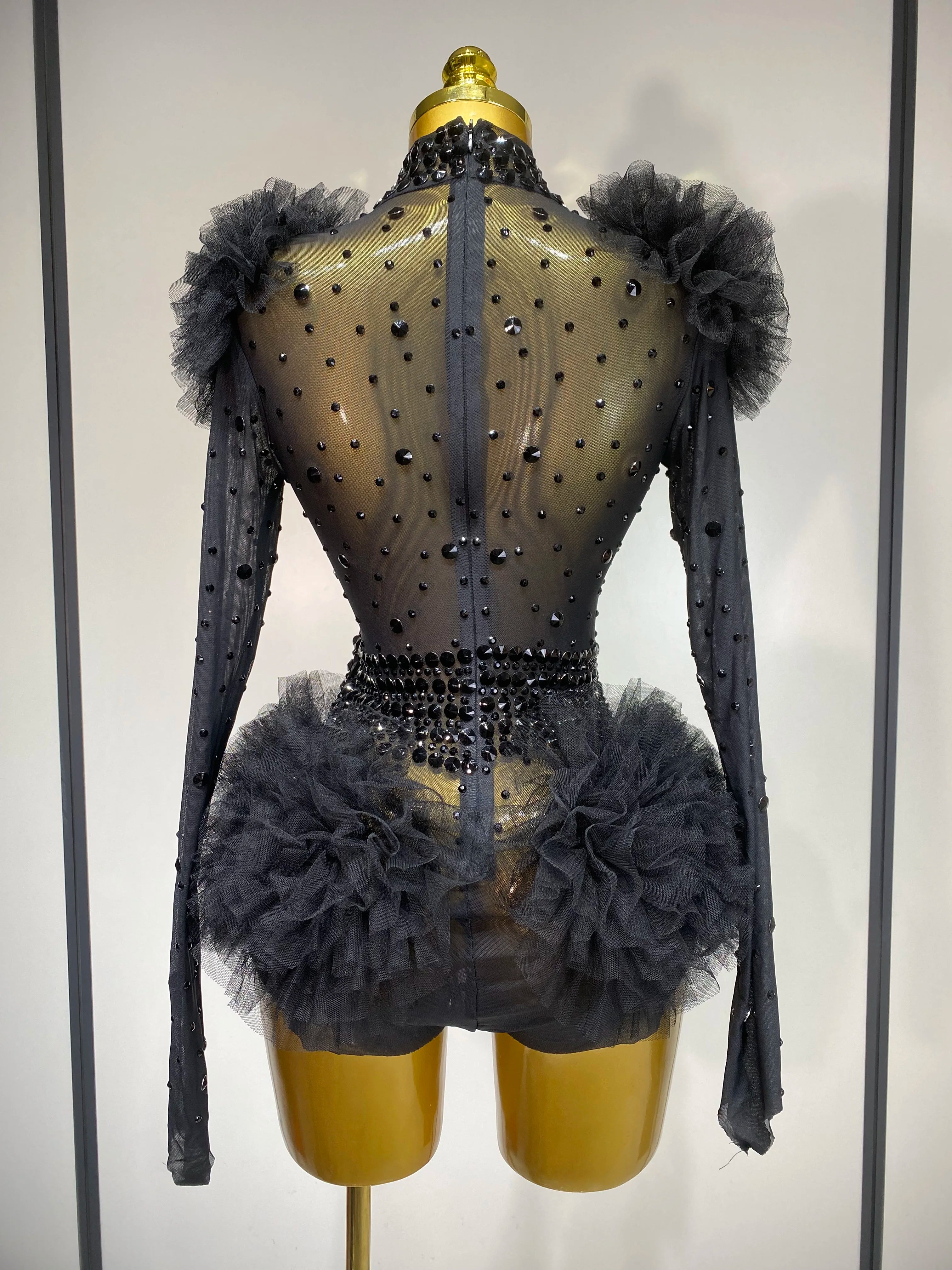 Sexy See Through Luxury Rhinestone Bodysuit Women Sexy Bodycon Mesh Ruffles Performance Dance Singer Nightclub Stage Outfit