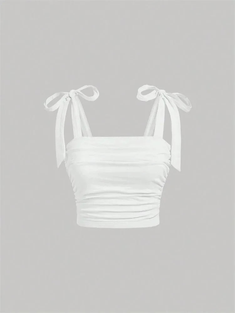 Solid Tie Shoulder Ruched Wide Strap Slim Fit Crop Top for Women Summer Y2K Clothes Pink Backless Cami Top Streetwear WHITE