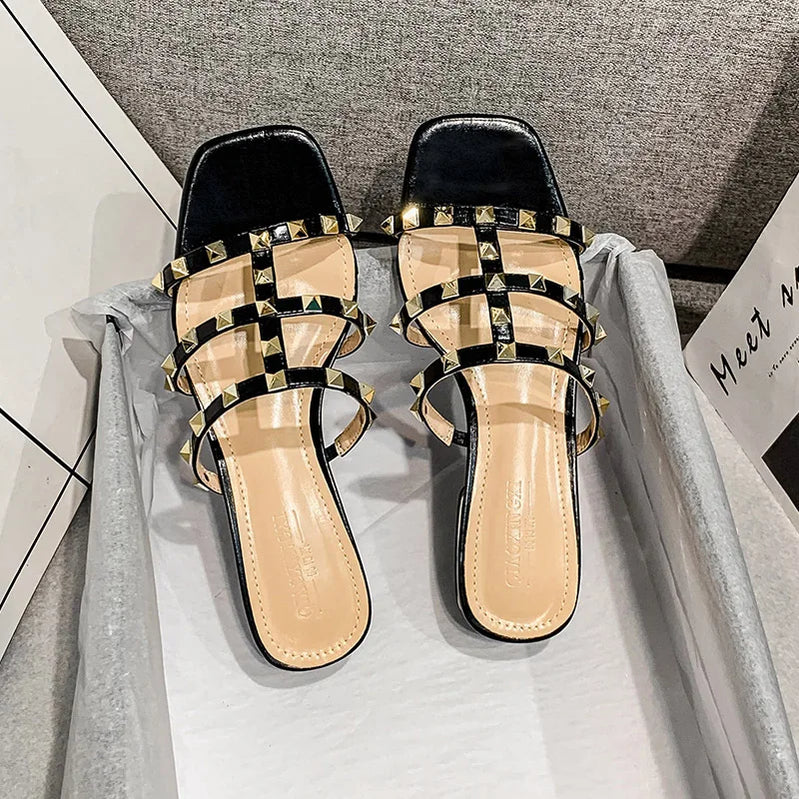 Summer low heel women rivets sandals thin ribbon fashion Korean design girls shoes large size wear slippers free delivery