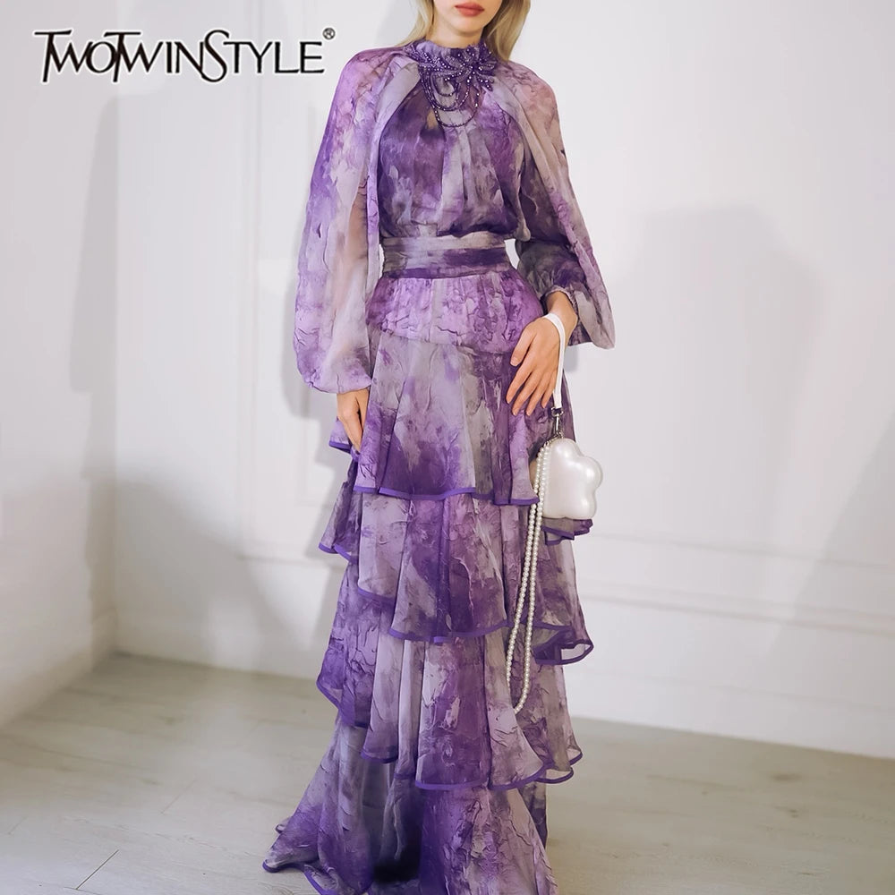 TWOTWINSTYLE Hit Color Sheer Spliced 3D Flower Dresses for Women Round Neck Long Sleeves Patchwork Ruffles Folds Dress Female