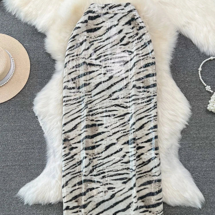 Women Chic Shinning Print Midi Skirt Zipper High Waist Leopard Zebra Wild Style Retro Long Skirts Mujer