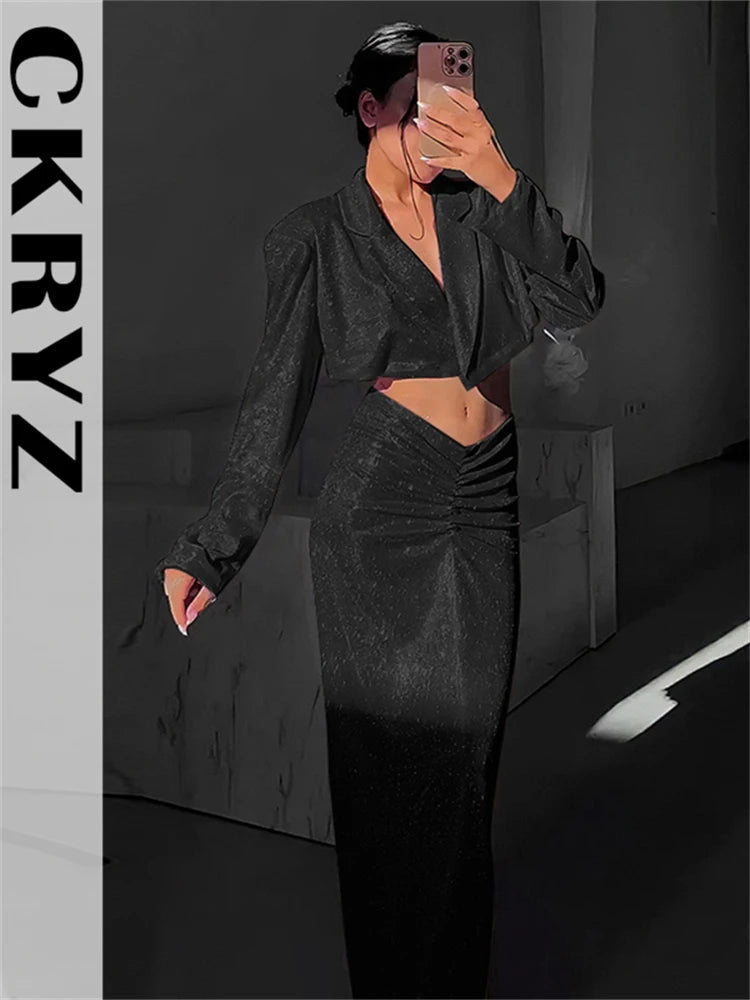 Ladies New Bling Glitter Slim Dress Set 2 Pieces Long Sleeve Pad Crop Top And Maxi Skirt Evening Party Night Club Women Outfits