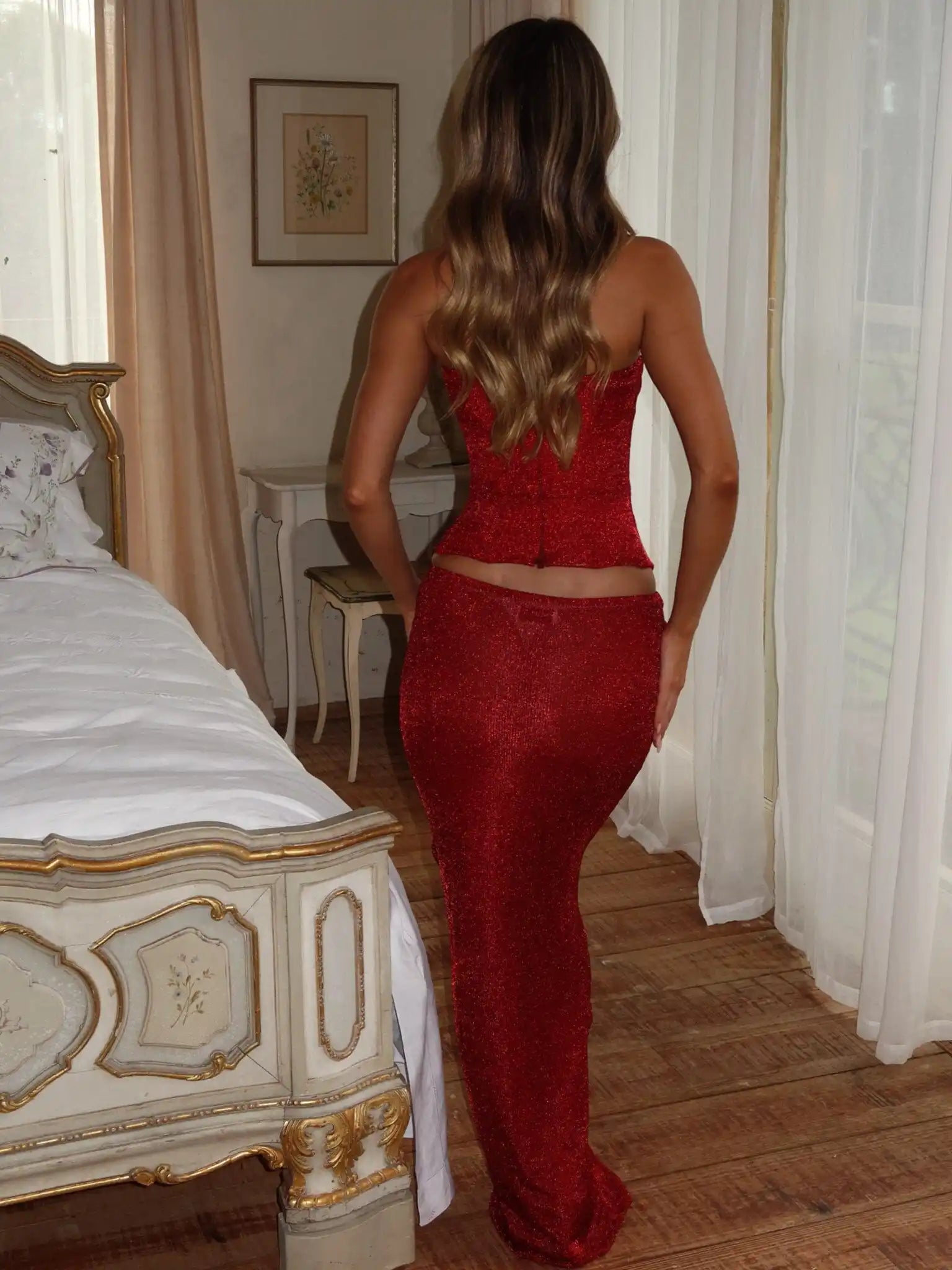 Red Color Women Sexy Shinning Florals 2 Pieces Bodycon Long Dress Celebrate Nightclub Party Birthday Fashion Outfit