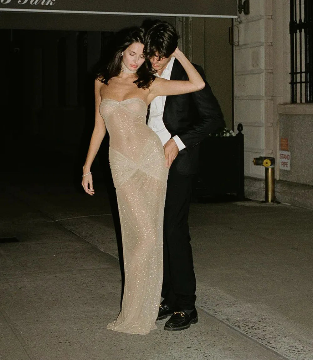Armygreen Nude Color Women Sexy Strapless Sequins Bodycon Long Dress See Through Celebrate Nightclub Party Birthday Dress