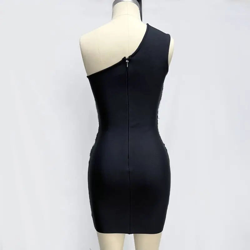 High Quality Women Sexy One Shoulder Sparkly Crystal Bodycon Mini Bandage Dress Fashion Celebrate Nightclub Party Outfit