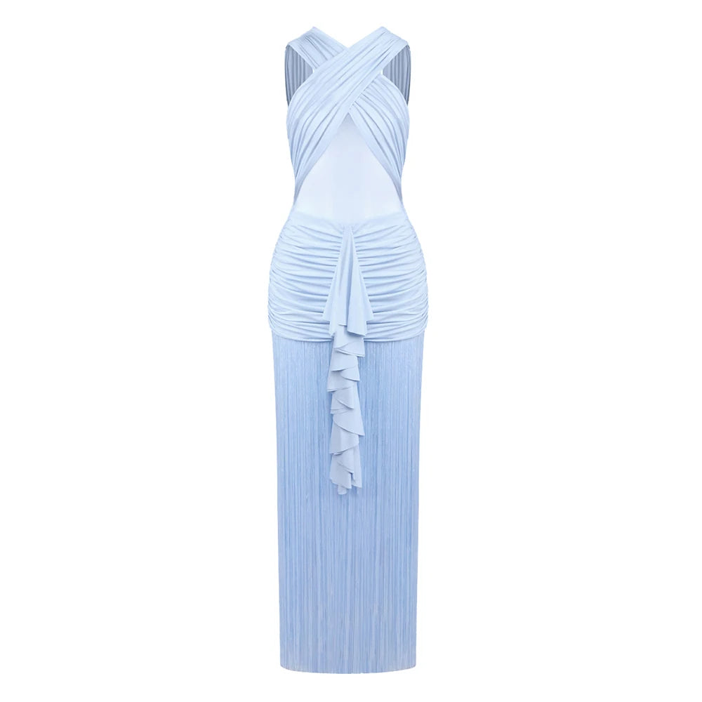 VC Sleek Light Blue Sleeveless Dress with Fringe Ruched Waist And Mesh Detail Soft Summer Vacation Gown for Women