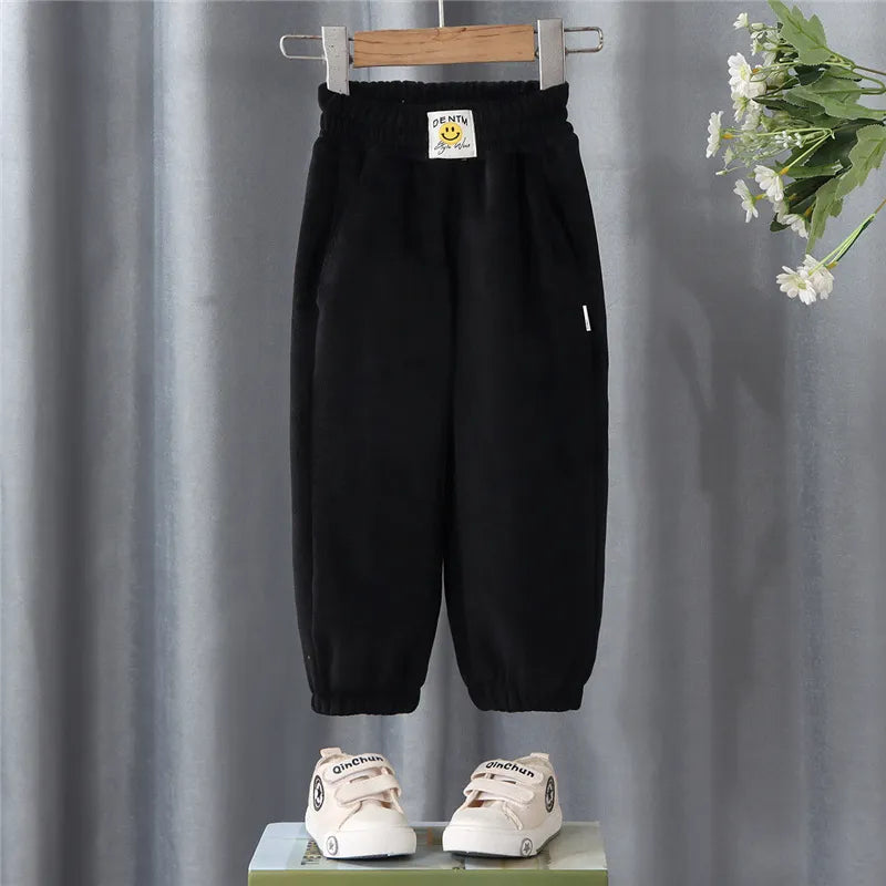 Winter Boys Thick Pants Kids Plus Velvet Warm Trousers Children Padded Cotton Long Pants Autumn Casual Sports Pants 2-12Y Black 1