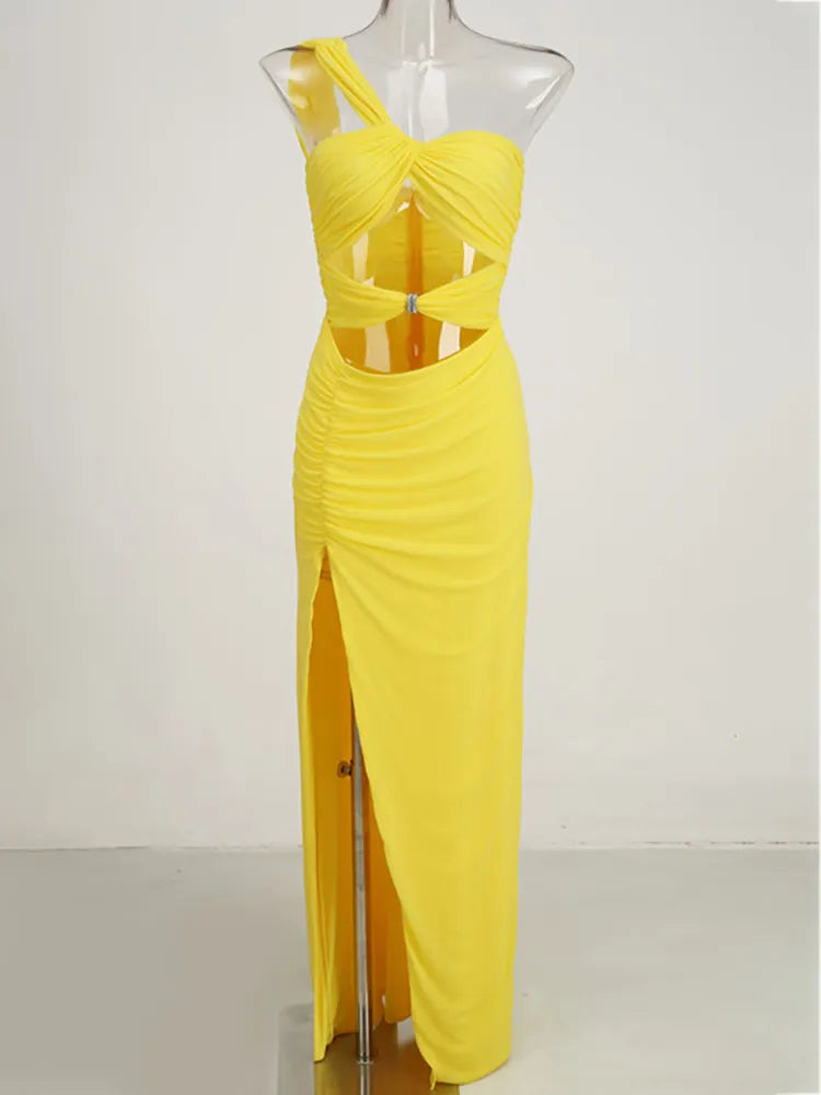 Women's Fashion Bandage Dress Strapless Sleeveless Hollow Out High Split Sexy Evening Dresses Summer yellow
