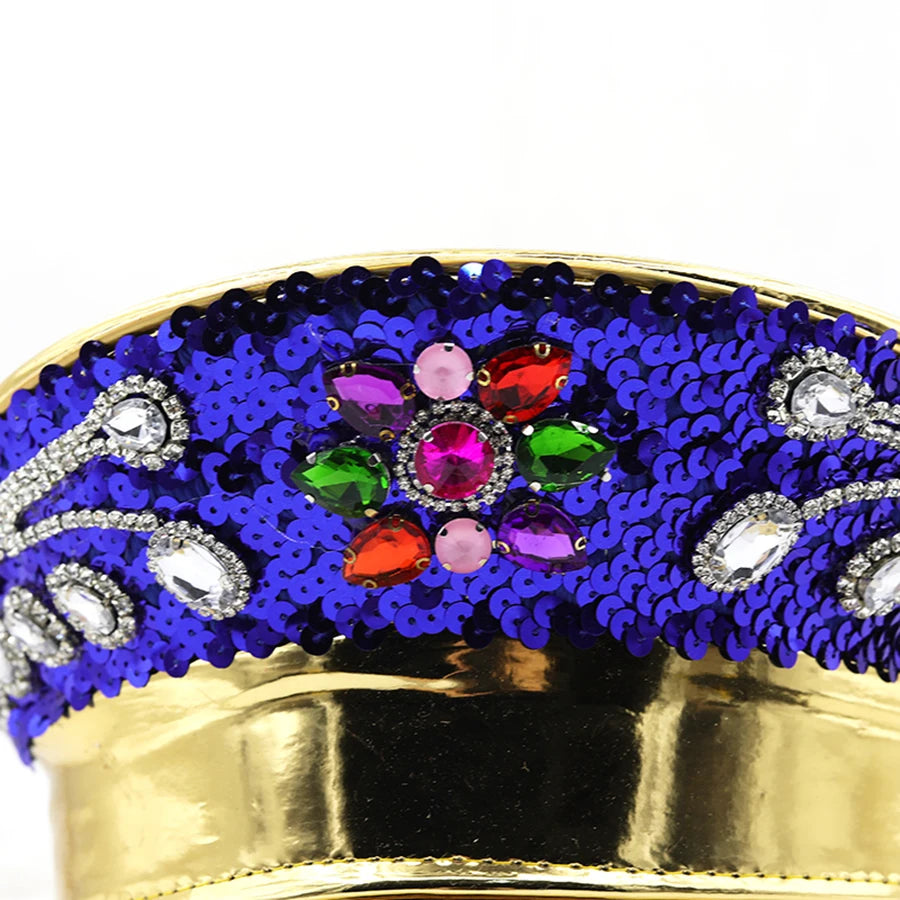 Women Gold Sequin Burning Bride Military Hat Luxury Bridal Captain Sergeant Hat Octagonal Rhinestone Festival Birthday Part Hat