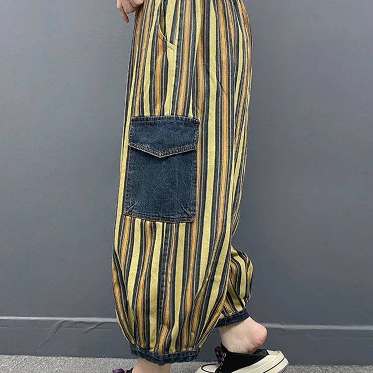 Spring Womens Fashion Striped Denim Wide Leg Pants Ladies Classic Loose Vintage Casual Jeans Females Punk Trousers