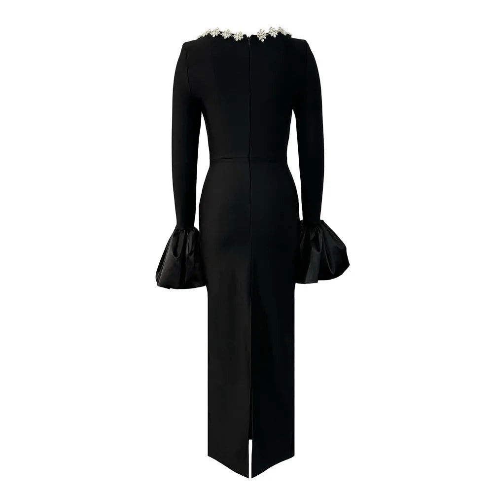 High Quality Women Long Sleeve Sexy Square Collar Shinning Crystal Bodycon Long Bandage Dress Celebrate Evening Party Outfit