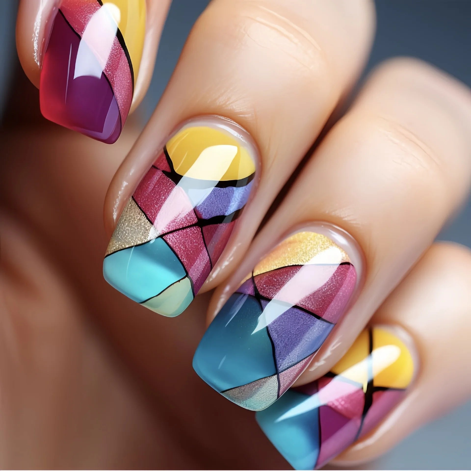24Pcs Lightning Stripe Smudging Press on Fake Nails Mid-length Square Head False Nails Green Wearable Fashion Full Nail Art Tips
