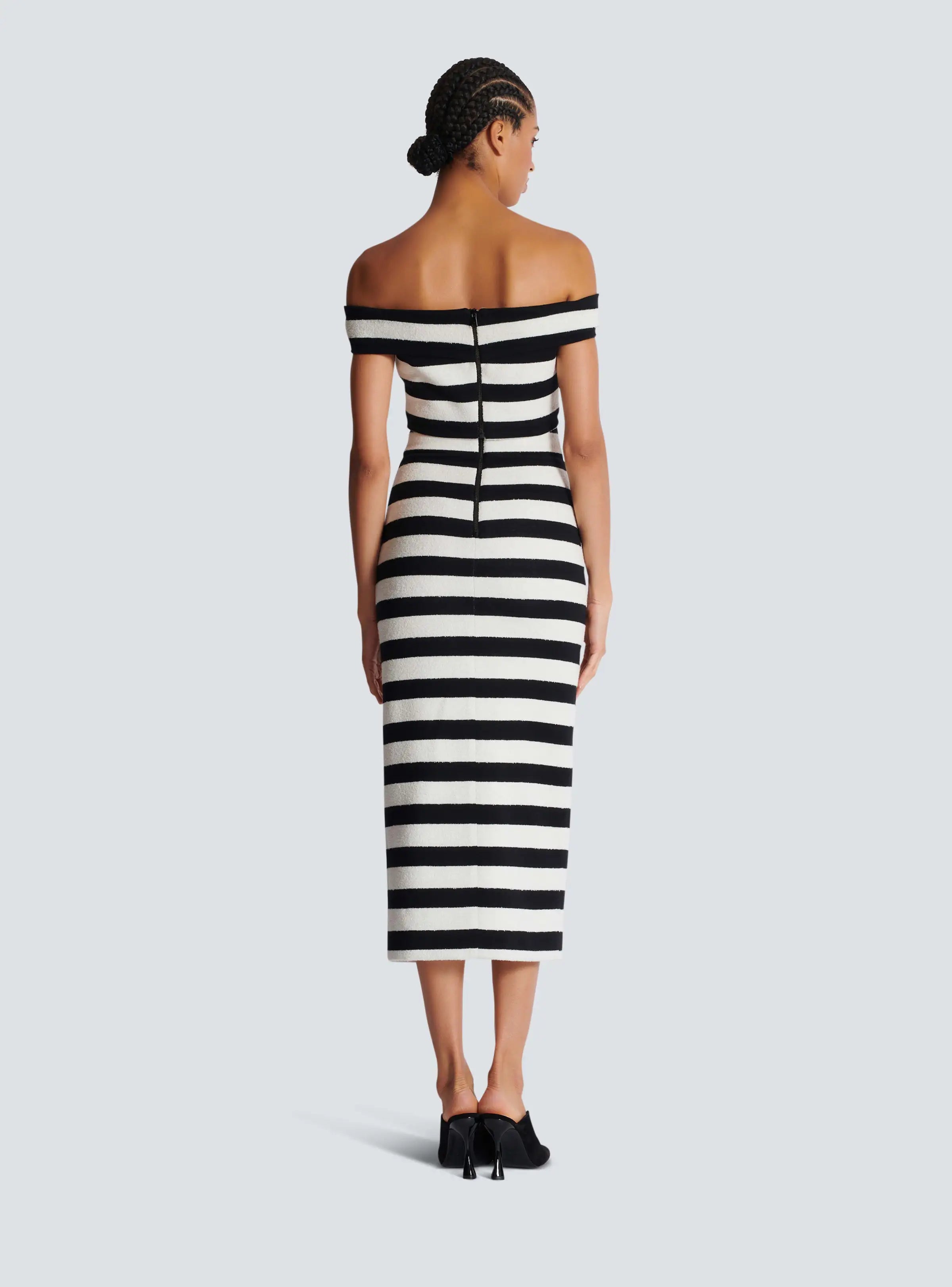 Robe moulante mi-mollet à rayures et col bateau pour femme, ensemble 2 pièces, tenue élégante et tendance, idéale pour le bureau, nouvelle collection 2024